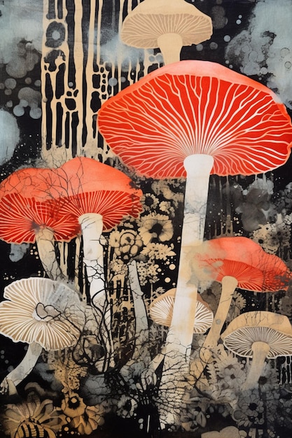 Zdjęcie istnieje wiele czerwonych grzybów, które rosną z ziemi generatywny ai
