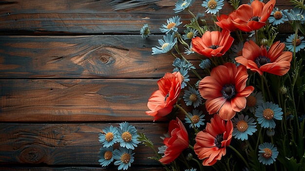 Istnieje wiele kwiatów, które są na drewnianej powierzchni generatywny ai