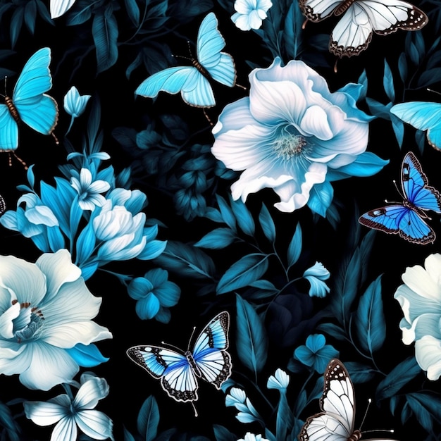 Istnieje wiele motyli latających wokół generatywnego ai niebieskiego kwiatu