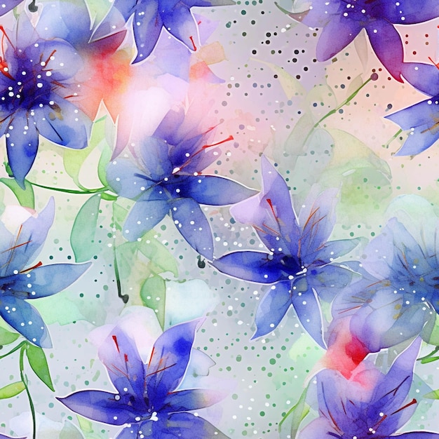 Istnieje wiele niebieskich kwiatów na zielonym tle z generatywnymi kropkami ai