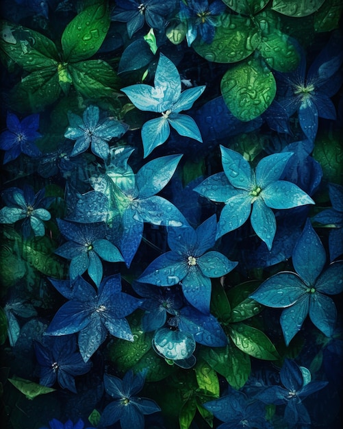 istnieje wiele niebieskich kwiatów rosnących w ciemności generatywnej AI