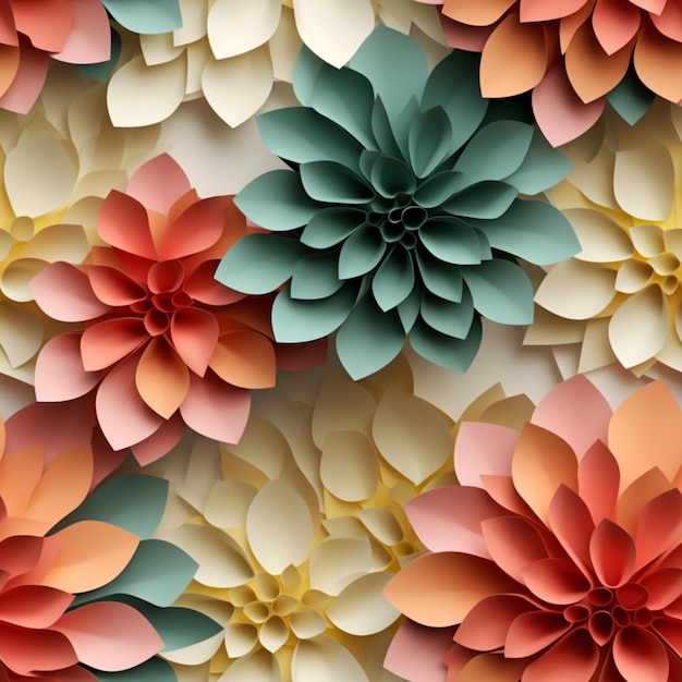Istnieje wiele papierowych kwiatów ułożonych razem na ścianie generatywnej ai