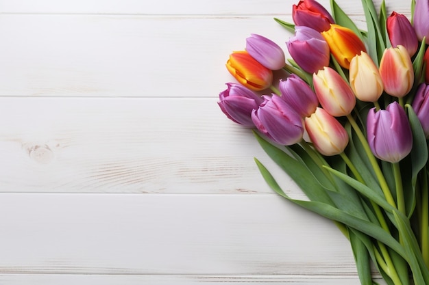 Istnieje wiele różnokolorowych tulipanów na białym stole generatywnym ai