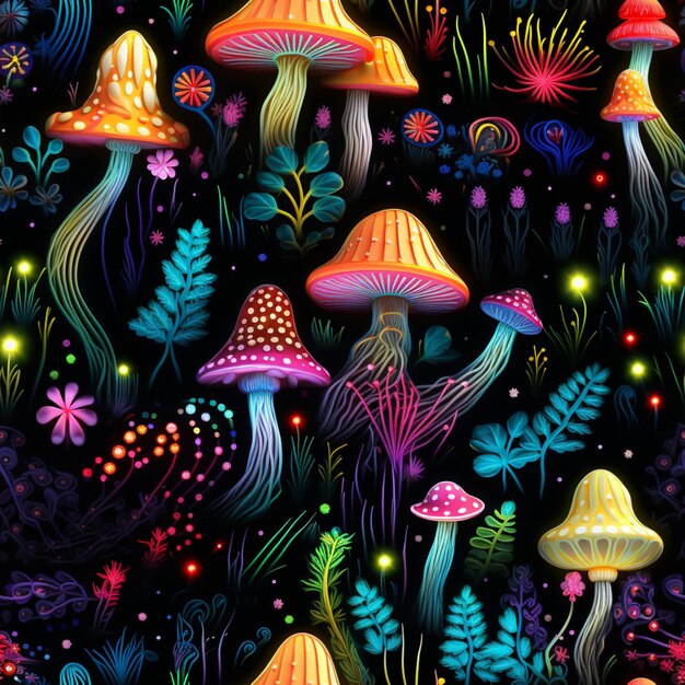 Istnieje wiele różnych kolorowych grzybów i roślin w ciemnym generatywnym ai