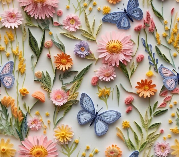 Zdjęcie istnieje wiele różnych kolorowych kwiatów i motyli na białej powierzchni generatywny ai