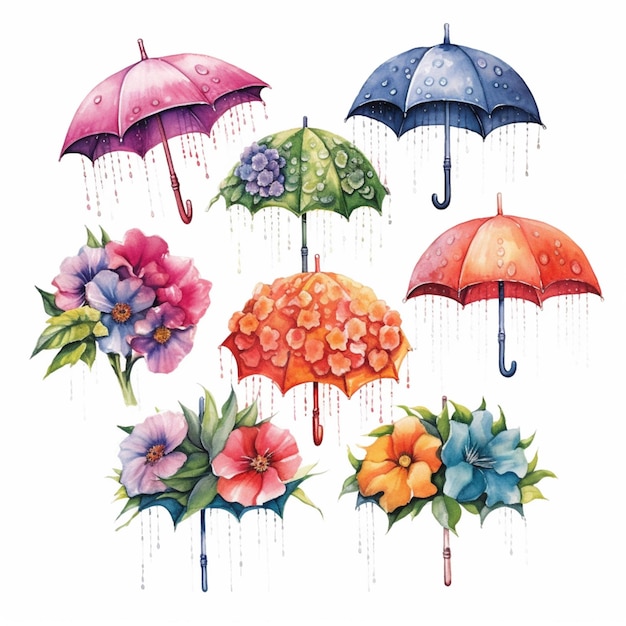 istnieje wiele różnych kolorowych parasoli z kwiatami i liśćmi generatywnymi ai