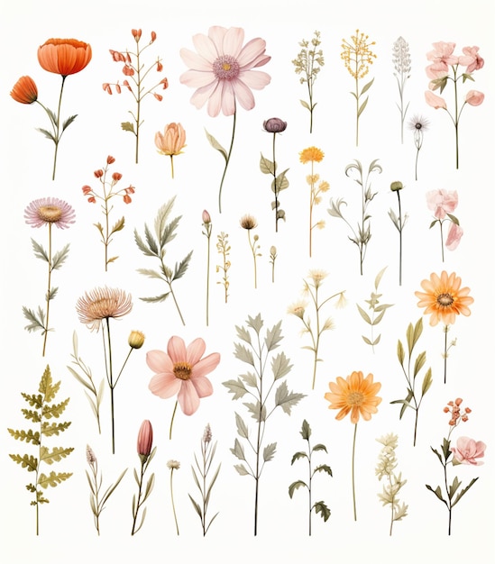 istnieje wiele różnych kwiatów i roślin namalowanych na białym tle generatywnej AI