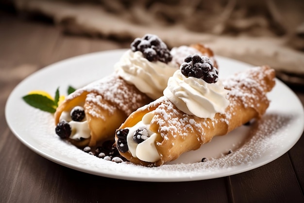 Italian Cannoli Talerz deserów z bitą śmietaną i borówkami na wierzchu