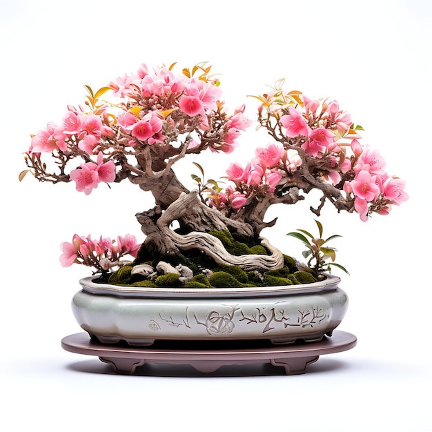 Izolowana azalia Bonsai Jadeitowa doniczka z owalnymi liśćmi Koncepcja Zen Retreat Artis na białym BG Japonia Sztuka chińska