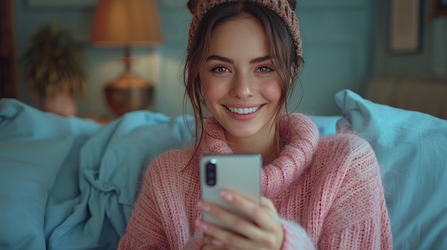 Izolowana na niebieskim tle uśmiechnięta, szczęśliwa, ładna latynoska kobieta trzymająca telefon komórkowy, patrząca na smartfon, pisząca wiadomość podczas dokonywania zakupów e-commerce na telefonie komórkowym i używająca