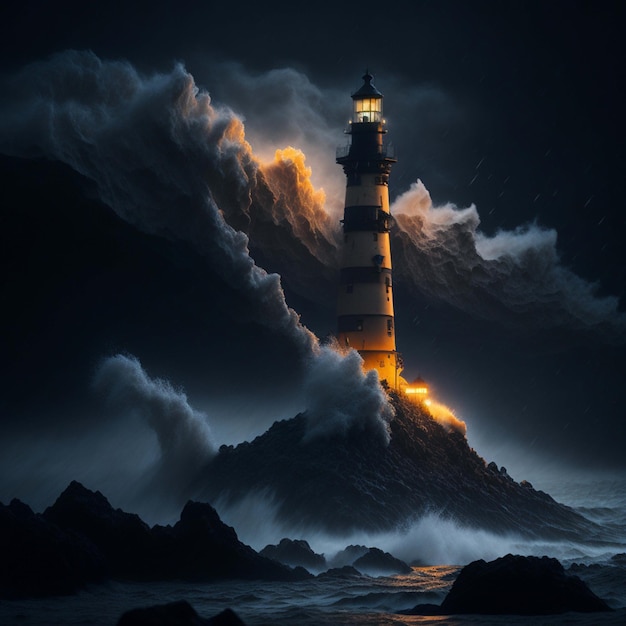 izolowana, wysoka latarnia morska świecąca nocą w kierunku morza, gdy znajduje się na skalistej kamiennej wyspie