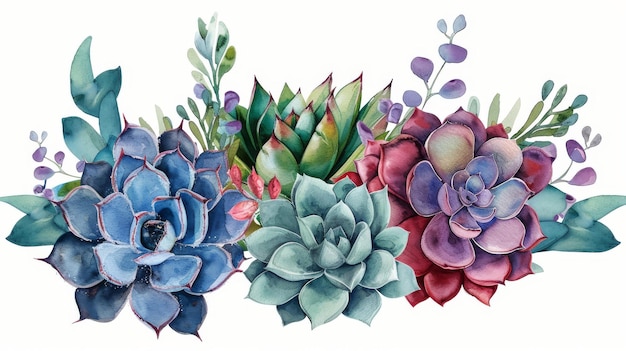 Izolowane białe tło z akwarelową kompozycją sukulentnych roślin i ilustracją bukietu kwiatowego