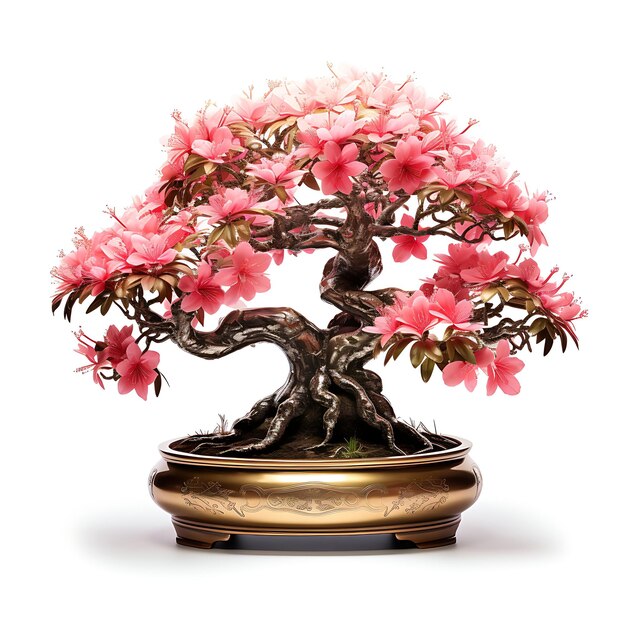 Izolowane drzewko Azalea Bonsai Metaliczny garnek eliptyczne liście wibrujące Th na białym BG Japonia Chińska sztuka