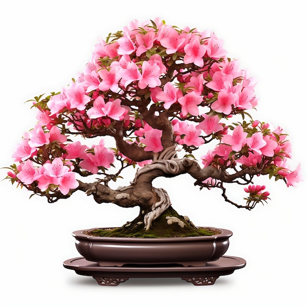 Izolowane drzewko Azalea Bonsai Starożytny garnek eliptyczne liście wibrujące na białym BG Japonia Chińska sztuka