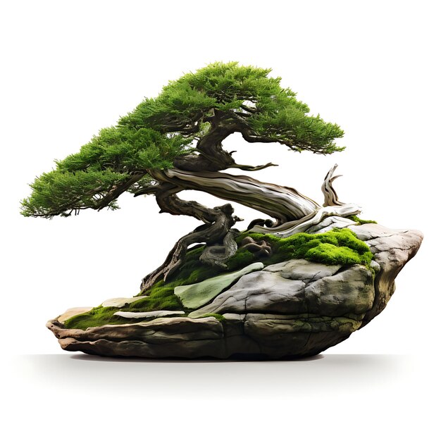 Izolowane drzewo jałowca Bonsai doniczka ceramiczna igła jak liście Zen Inspi na białym BG Japonia Sztuka chińska