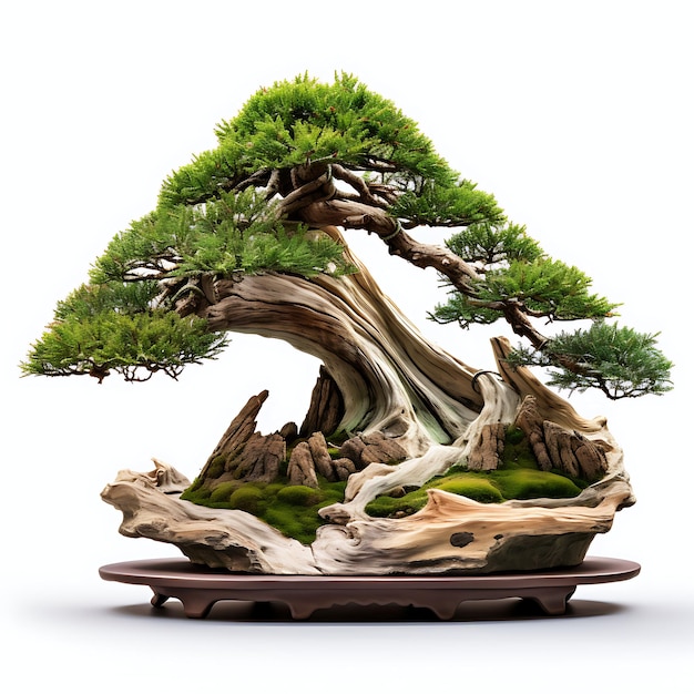 Izolowane drzewo jałowca Bonsai Drewniana doniczka igła jak liście Zen Inspir na białym BG Japonia Sztuka chińska