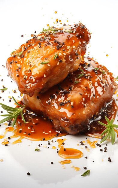Zdjęcie izolowane z kurczaka drumsticks z miodem glaze i tymian liście pływające zdjęcie świeże jedzenie przed
