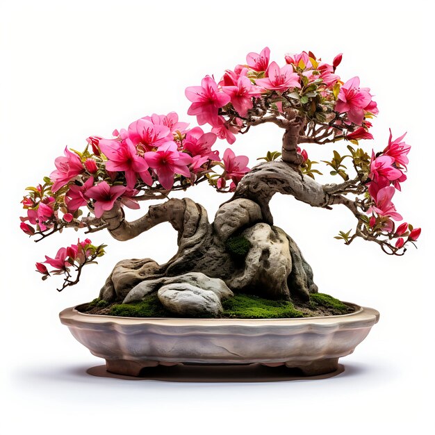 Izolowany Azalia Bonsai Ceramika Doniczka Owalne Liście Koncepcja Zen Serenity H na Białym Bg Japonia Sztuka Chińska