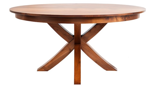 Izolowany brązowy, jasnobrązowy drewniany okrągły stół jadalny na białym tle, seria mebli