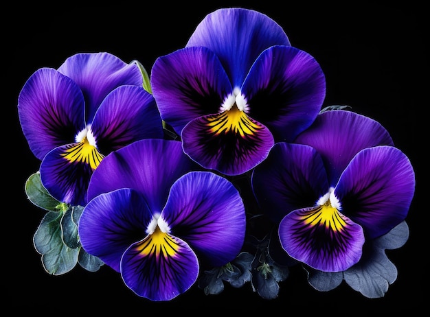 Izolowany kwiat na czarnym tle Viola x wittrockiana Stworzony za pomocą generatywnej technologii sztucznej inteligencji