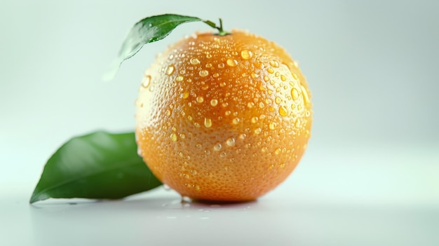 Izolowany pomarańczowy owoc Pomarańczowe cytrusy z kropelami na białym tle Cały mokry pomarańczowy owoc z liśćmi Pełna głębokość pola
