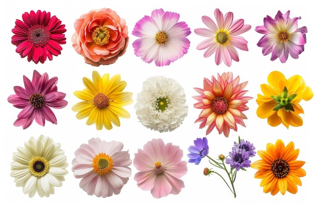 Izolowany zbiór różnych kwiatów na białym tle
