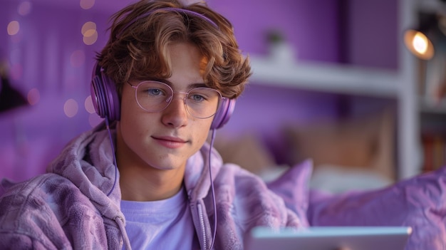 Izolowany zdjęcie studyjne fajnego chłopca w zwykłych ubraniach używającego tabletu, słuchawek i okularów z zwykłym fioletowym tłem Koncepcja edukacyjna dla liceum, uniwersytetu i college'u