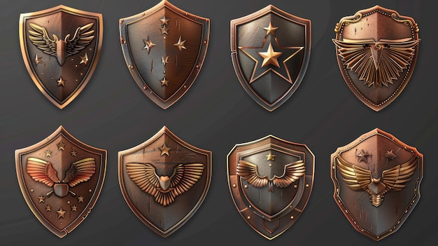 Izolowany zestaw sześciokątnych zarysowanych odznak wojskowych ozdobionych metalowymi gwiazdami i skrzydłami przykładowych nagród średniowieczne emblemy symbole sukcesu izolowane na białym tle