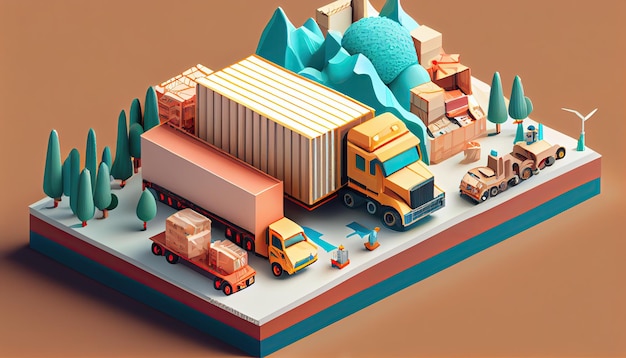 Izometryczna diorama koncepcji logistycznej i transportowej