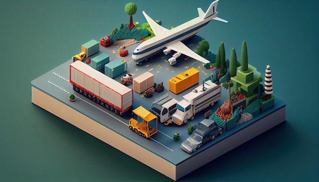 Izometryczna diorama koncepcji logistycznej i transportowej