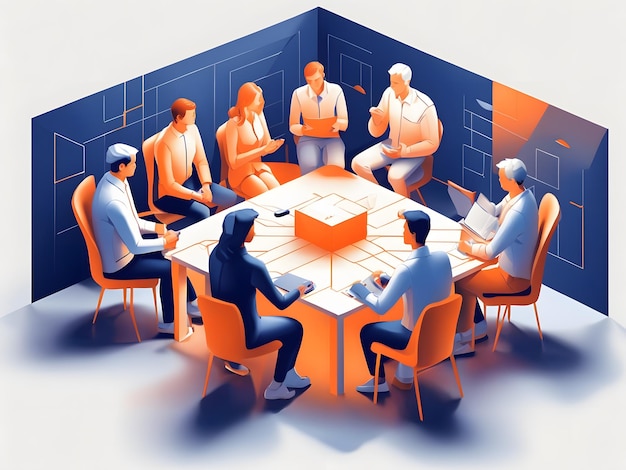 Izometryczna ilustracja ludzi siedzących na spotkaniu w biurze
