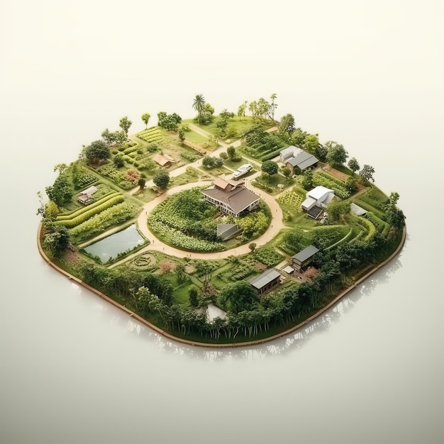 Izometryczne gospodarstwo realistyczne renderowanie 3d wiejska farma z polami uprawnymi i stodołą zielenią drzew