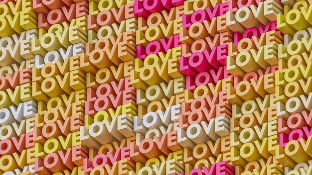 Zdjęcie izometryczne tło projektu typografii z wieloma kolorowymi słowami miłość renderowania 3d