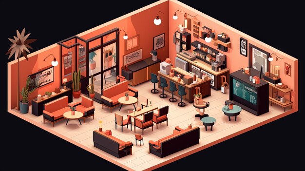 Zdjęcie izometryczne wnętrze kawiarni z krzesłami i kanapą przyjemny pokój kawiarni