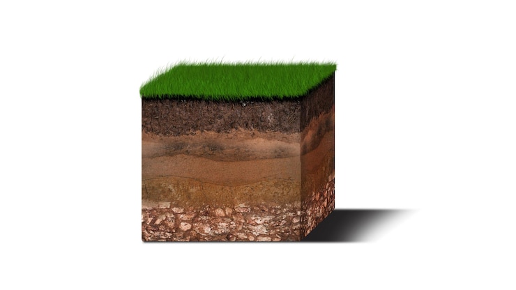 Zdjęcie izometryczny diagram warstw gleby przekrój poprzeczny zielonej trawy i podziemnych warstw gleby pod warstwą minerałów organicznych glina piaskowa izometryczne warstwy gleby izolowane na białym