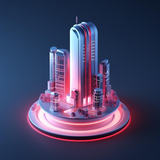 izometryczny futurystyczny neonowy wieżowiec