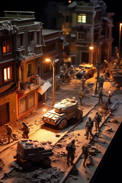 Zdjęcie izometryczny miniaturowy światowy diorama oddziału ośmiu żołnierzy i czołgu patrolującego zniszczony przez wojnę urb