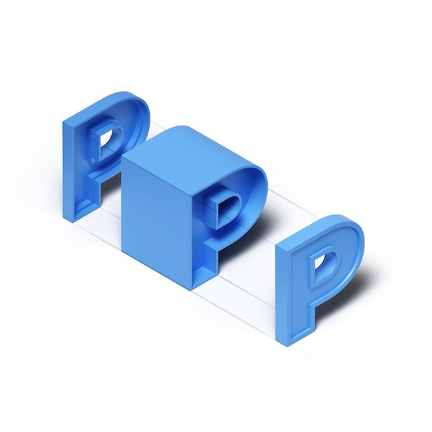 Zdjęcie izometryczny renderowania 3d niebieski plastikowy sześcian alfabetu litera p izolowany na przezroczystym tle