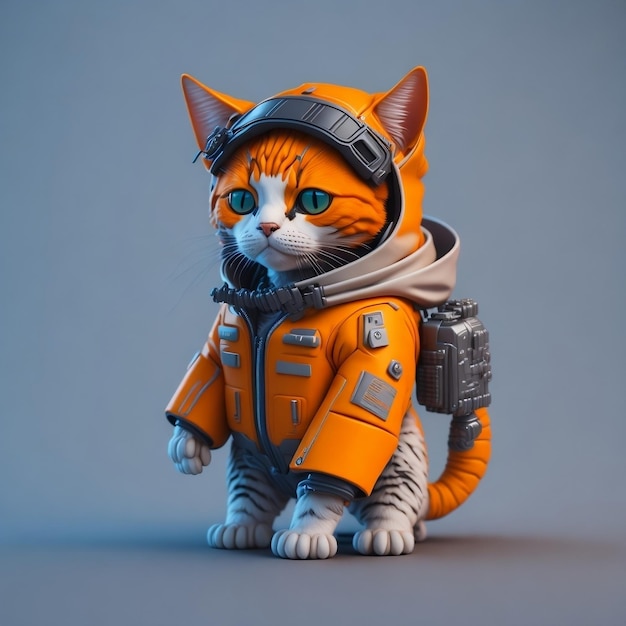 Izometryczny widok MINI ślicznego realistycznego futurystycznego kota-żołnierza w cyberpunkowej kurtce