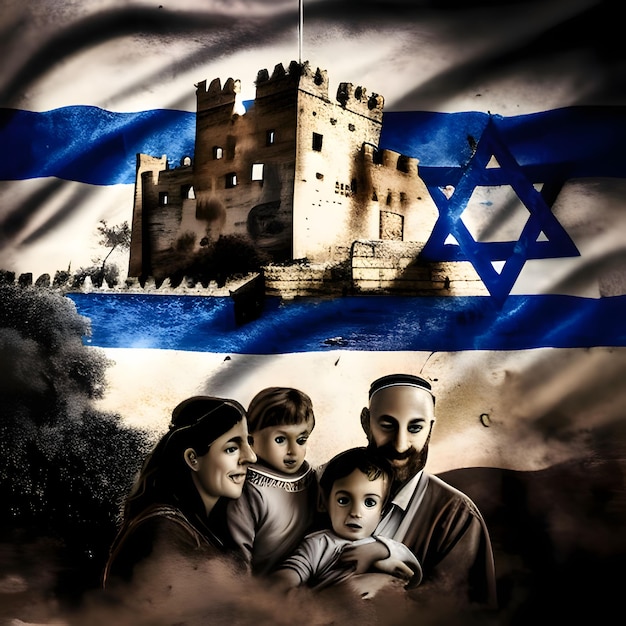 Zdjęcie izraelski zamek i rodzinne tło wielkiej żydowskiej flagi z gwiazdą dawida hanukka jako tradycyjne żydowskie święto