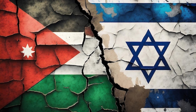 Zdjęcie izraelskie i palestyńskie flagi pokrywają pęknięty mur.
