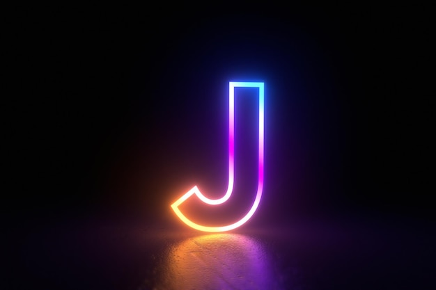 Zdjęcie j litera charakter neon na białym tle odbicie ilustracja renderowania 3d. ilustracja 3d