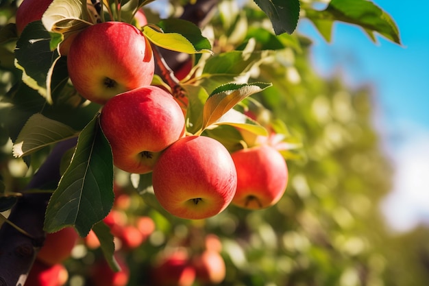 Jabłka dojrzewające na drzewie w słoneczny dzień Generative AI