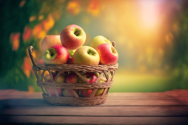 Jabłka w koszu na drewnianym stole nad ogrodowym bokeh tłem