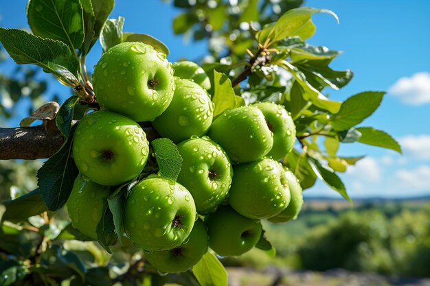 Jabłko Babci Smith wiszące na drzewie Wygenerowano realistyczne szerokokątne zdjęcie AI