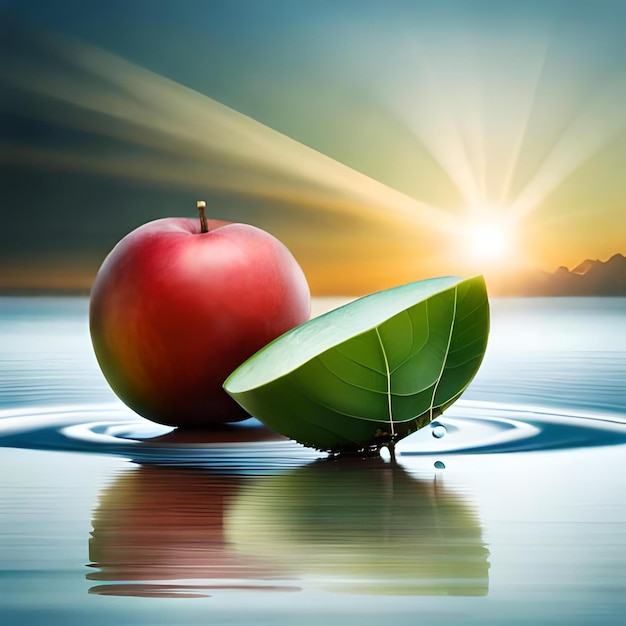 Jabłko i liść w wodzie ze słońcem za nim.