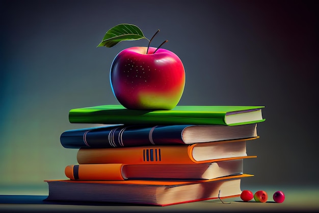 Jabłko i śliwka w pobliżu stosu książek na stole w ogrodzie Generative Ai