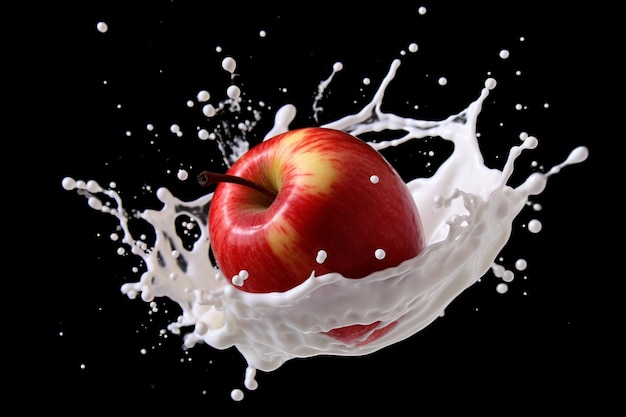 Jabłko jest spryskane mlekiem i jest spryskane mlekiem.