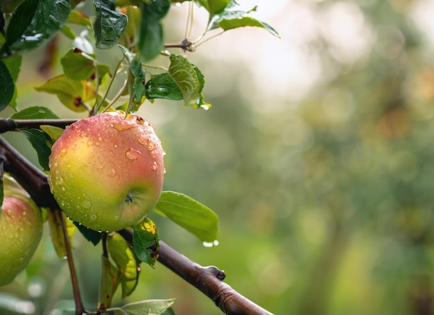 Jabłko rośnie na drzewie w ogrodzie zbiorów w wiecznym słońcu rozbłysku z deszczowym dniem skopiować przestrzeń tła AI generowane