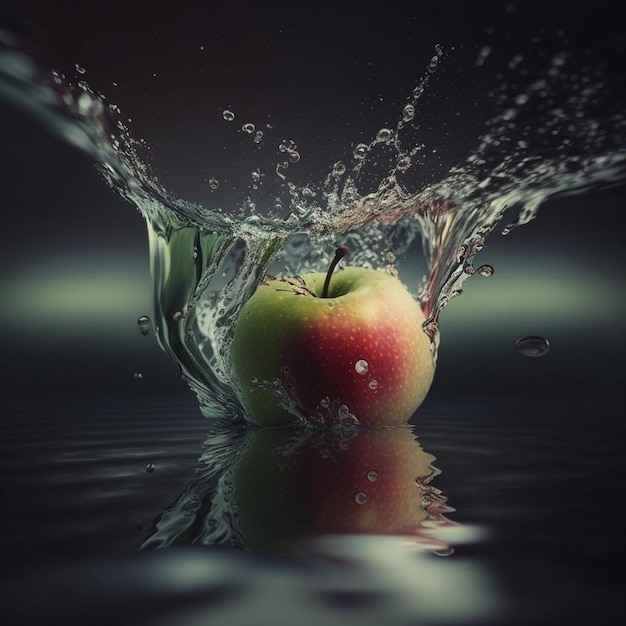 Jabłko rozpryskuje się w wodzie i zaraz wpadnie do wody.